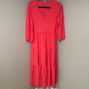 Duffield Lane Cassandra Midi Dress Women's Size S Watermelon Pink V Neck‎